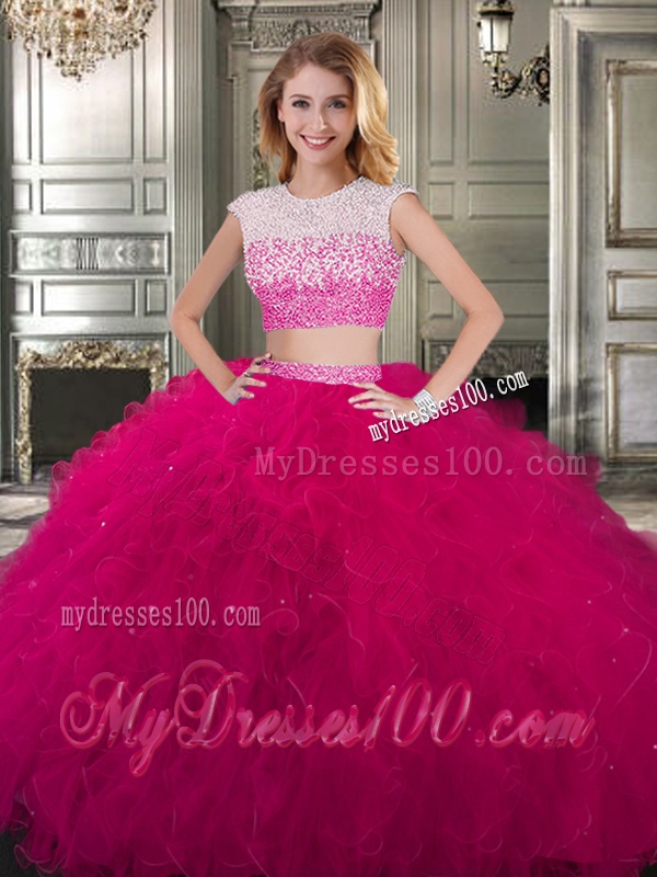 Two Piece Scoop Cap Sleeves Quinceanera Dress with Beading and Ruffles