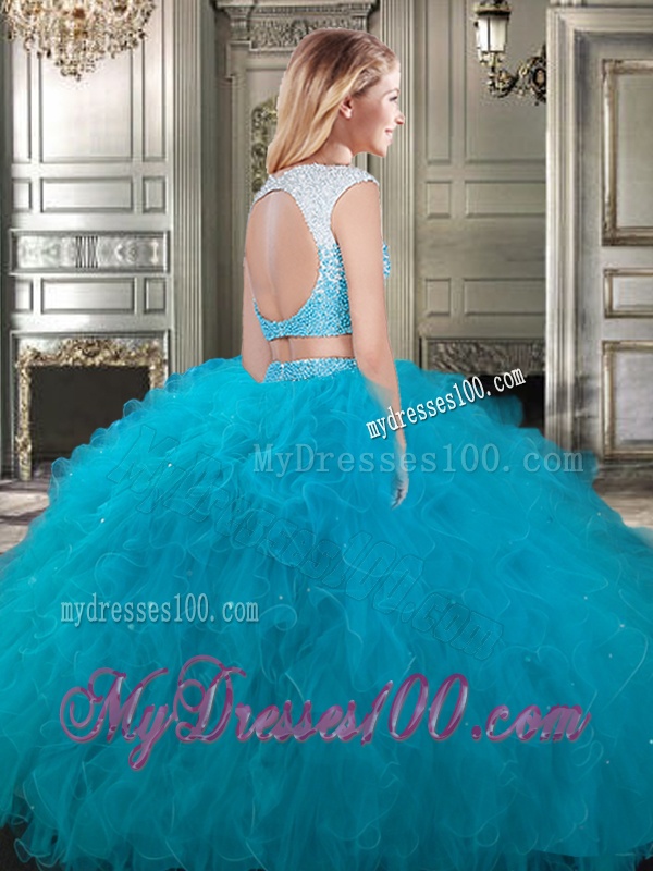 Two Piece Scoop Cap Sleeves Quinceanera Dress with Beading and Ruffles