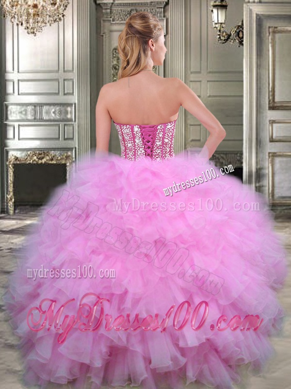 Visible Boning Beaded Bodice and Ruffled Quinceanera Dress in Watermelon Red