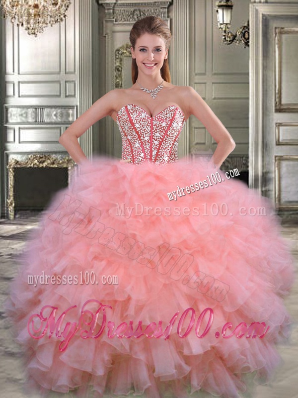 Visible Boning Beaded Bodice and Ruffled Quinceanera Dress in Watermelon Red