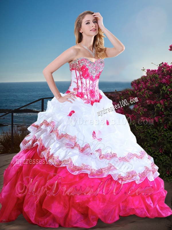 Visible Boning Beaded and Ruffled Quinceanera Gown in Hot Pink and White