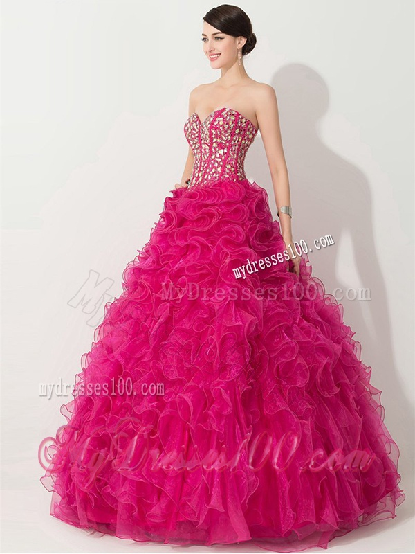 Visible Boning Hot Pink Quinceanera Gown with Beading and Ruffles