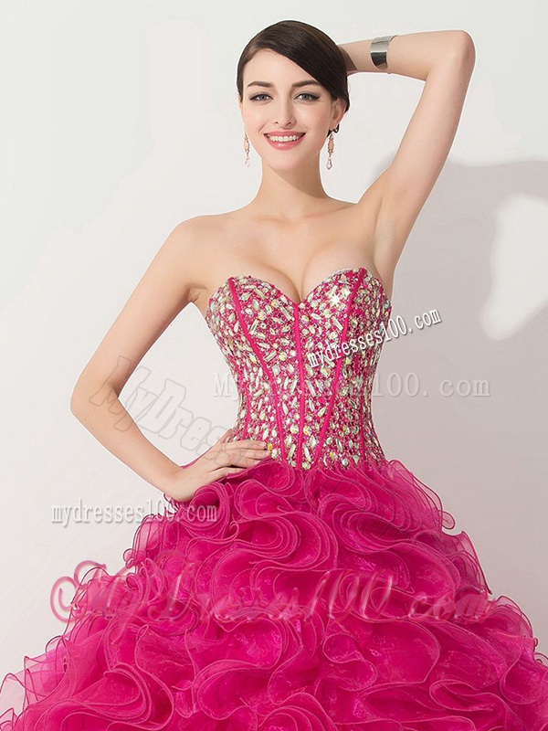 Visible Boning Hot Pink Quinceanera Gown with Beading and Ruffles