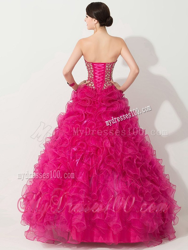 Visible Boning Hot Pink Quinceanera Gown with Beading and Ruffles