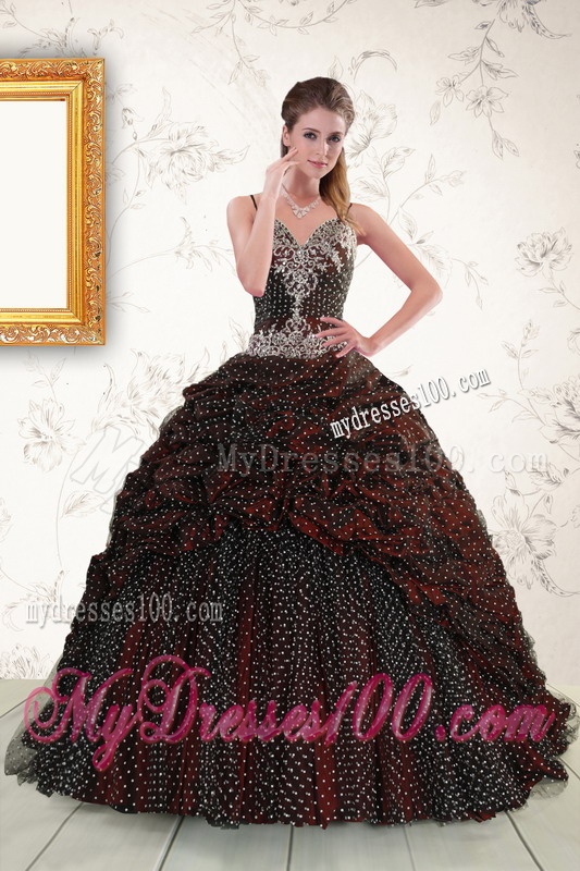 Wonderful Spaghetti Straps Burgundy Sweet 15 Dresses with Appliques and Pick Ups