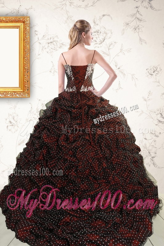 Wonderful Spaghetti Straps Burgundy Sweet 15 Dresses with Appliques and Pick Ups