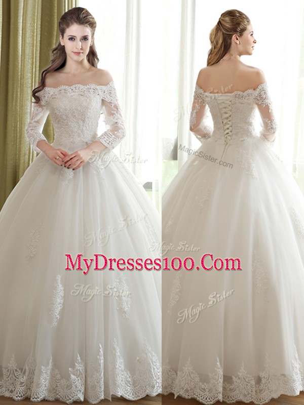 White Ball Gowns Tulle Off The Shoulder 3 4 Length Sleeve Lace and Appliques Floor Length Lace Up Wedding Dress