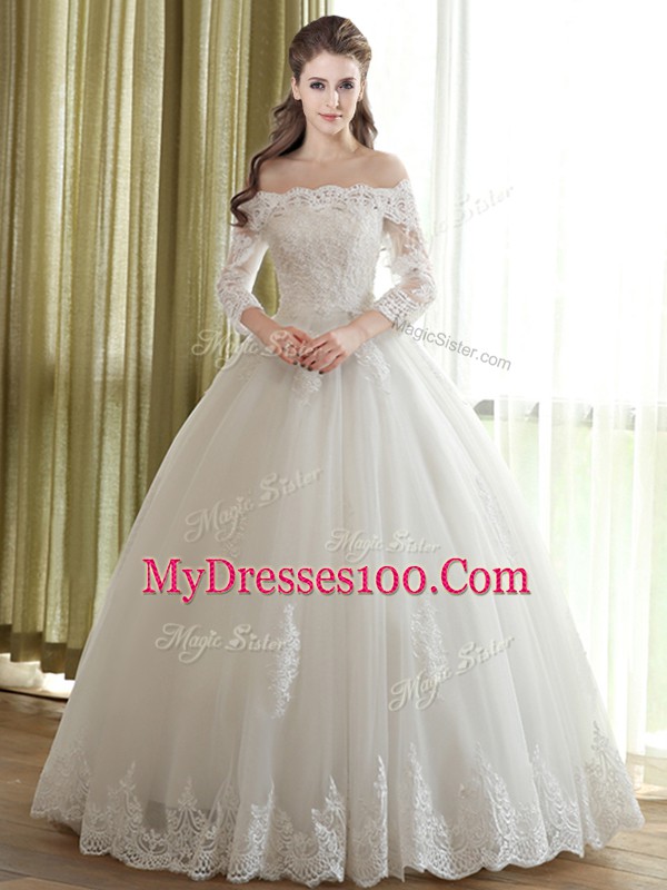 White Ball Gowns Tulle Off The Shoulder 3 4 Length Sleeve Lace and Appliques Floor Length Lace Up Wedding Dress