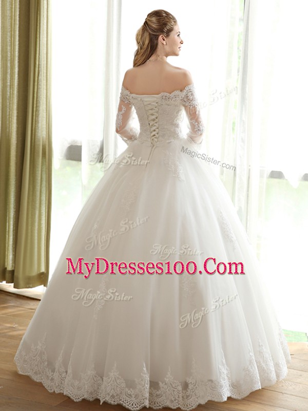 White Ball Gowns Tulle Off The Shoulder 3 4 Length Sleeve Lace and Appliques Floor Length Lace Up Wedding Dress