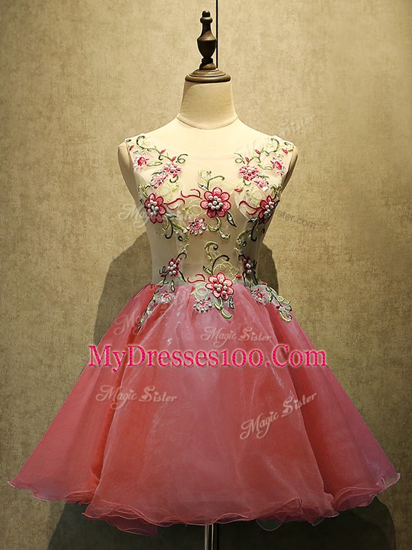 Dynamic Coral Red Sleeveless Embroidery Mini Length Homecoming Dress