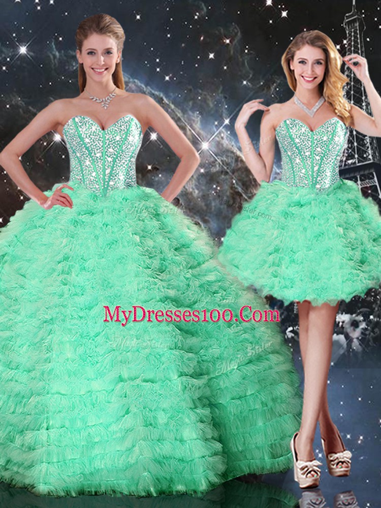Apple Green Organza Lace Up Sweetheart Sleeveless Floor Length Quinceanera Gown Beading and Ruffled Layers