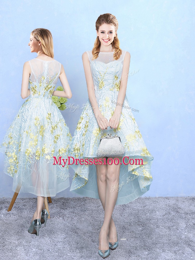 Apple Green Tulle Zipper Scoop Sleeveless High Low Quinceanera Court of Honor Dress Appliques and Pattern