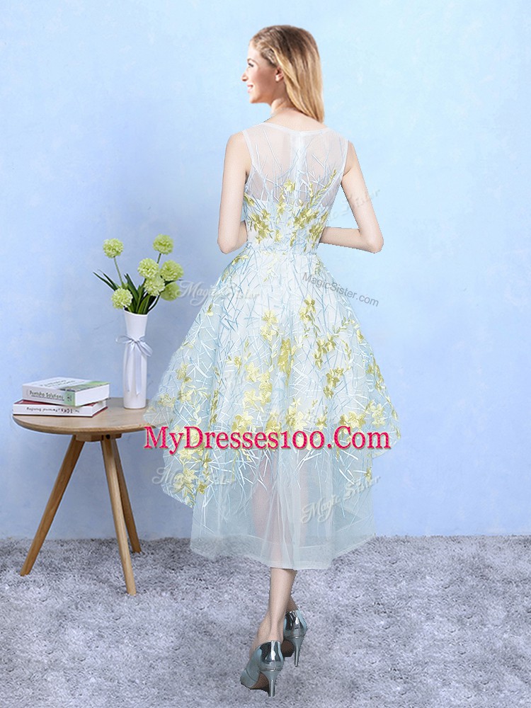 Apple Green Tulle Zipper Scoop Sleeveless High Low Quinceanera Court of Honor Dress Appliques and Pattern