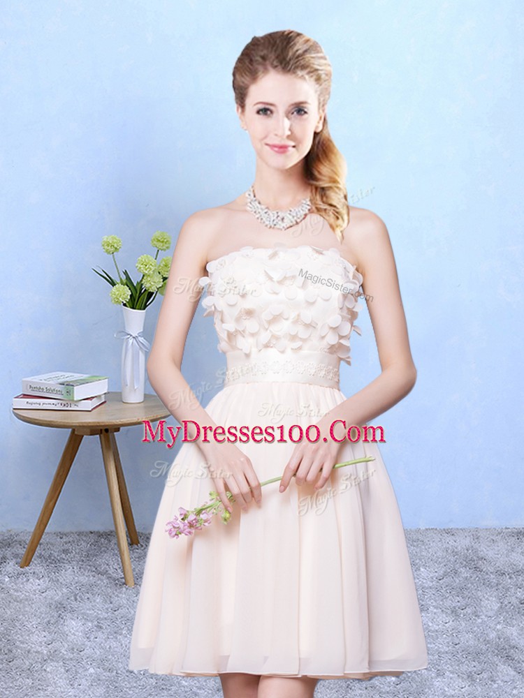 Latest Champagne Strapless Lace Up Appliques Dama Dress for Quinceanera Sleeveless