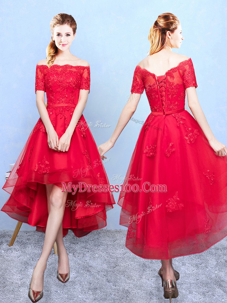 Extravagant Wine Red Bridesmaid Dress Prom and Party with Appliques Off The Shoulder Half Sleeves Lace Up
