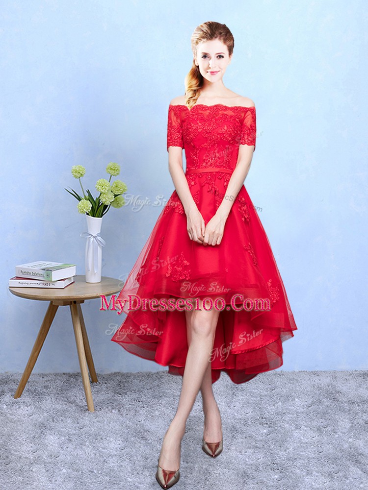 Extravagant Wine Red Bridesmaid Dress Prom and Party with Appliques Off The Shoulder Half Sleeves Lace Up
