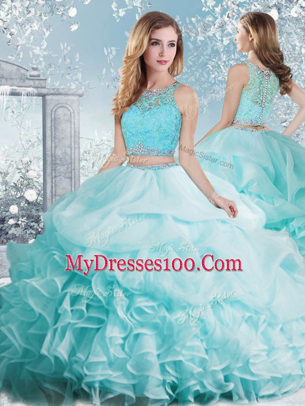 Glorious Aqua Blue Ball Gown Prom Dress Military Ball and Sweet 16 and Quinceanera with Beading and Ruffles and Pick Ups Scoop Sleeveless Clasp Handle