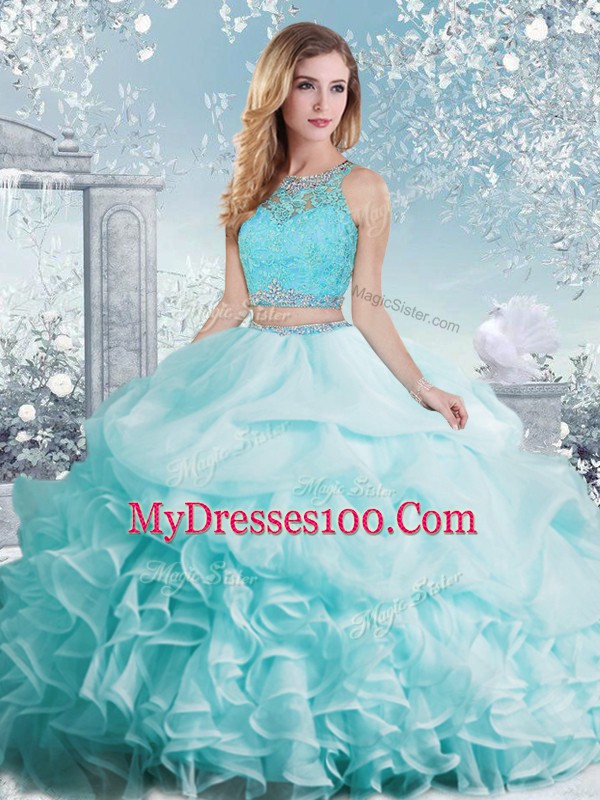 Glorious Aqua Blue Ball Gown Prom Dress Military Ball and Sweet 16 and Quinceanera with Beading and Ruffles and Pick Ups Scoop Sleeveless Clasp Handle