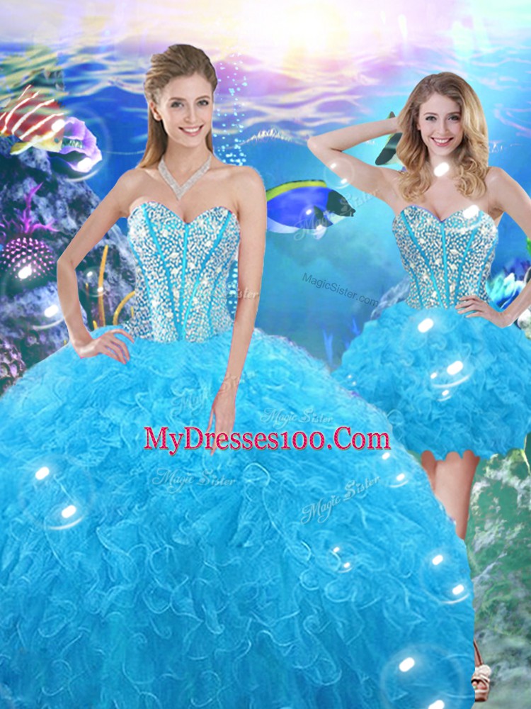 Baby Blue Ball Gowns Organza Sweetheart Sleeveless Beading and Ruffles Floor Length Lace Up 15th Birthday Dress