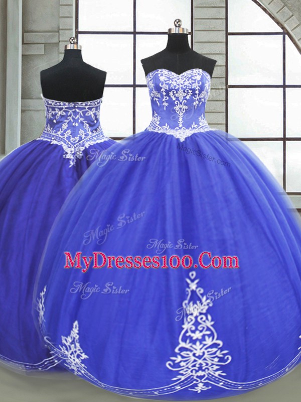 Fashionable Sleeveless Floor Length Appliques Lace Up Sweet 16 Dress with Blue
