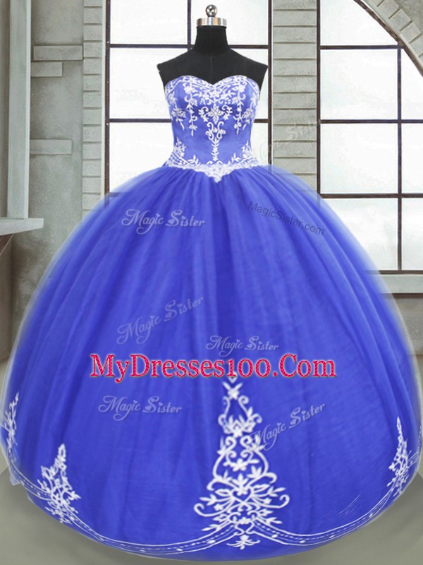 Fashionable Sleeveless Floor Length Appliques Lace Up Sweet 16 Dress with Blue