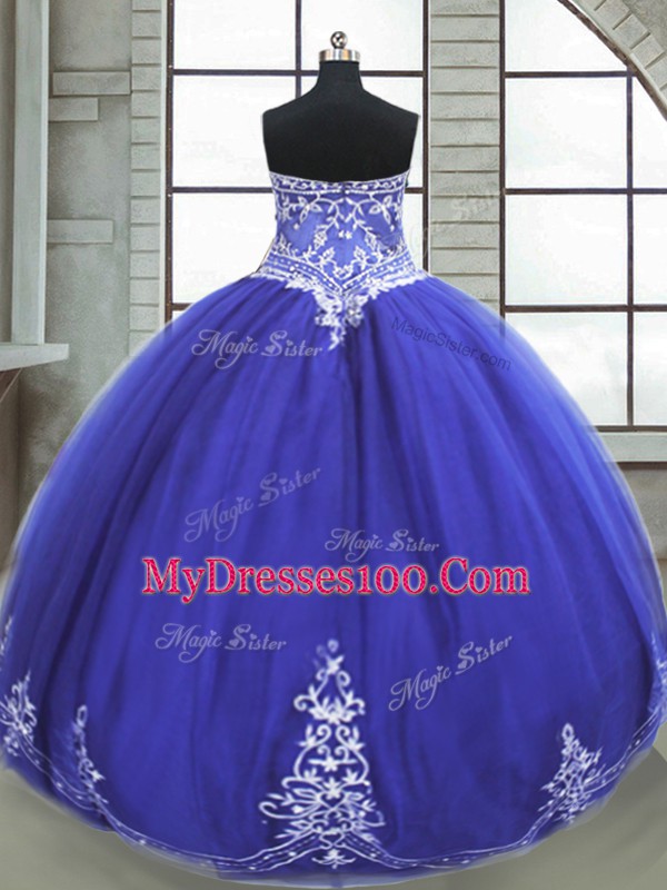 Fashionable Sleeveless Floor Length Appliques Lace Up Sweet 16 Dress with Blue