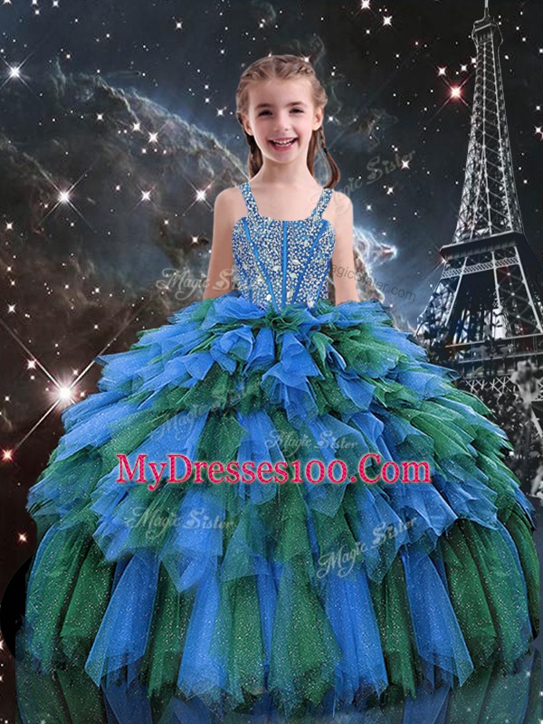 Blue Straps Neckline Beading and Ruffles Little Girl Pageant Dress Sleeveless Lace Up