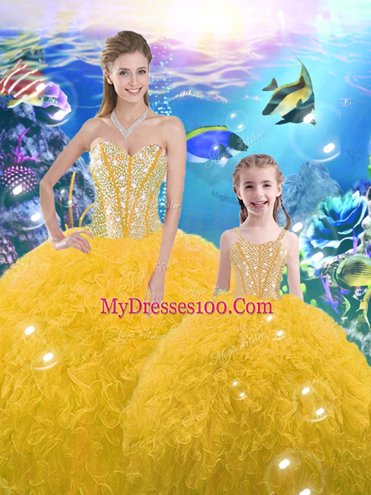 Sleeveless Floor Length Beading and Ruffles Lace Up Quinceanera Gown with Gold