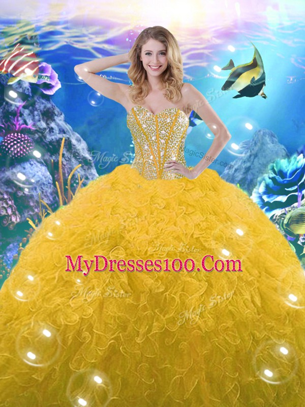 Sleeveless Floor Length Beading and Ruffles Lace Up Quinceanera Gown with Gold