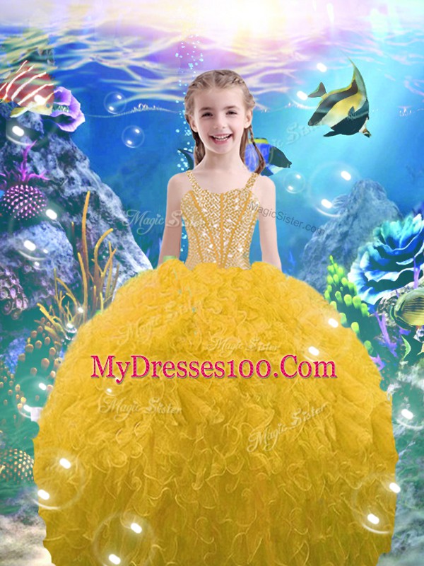 Sleeveless Floor Length Beading and Ruffles Lace Up Quinceanera Gown with Gold