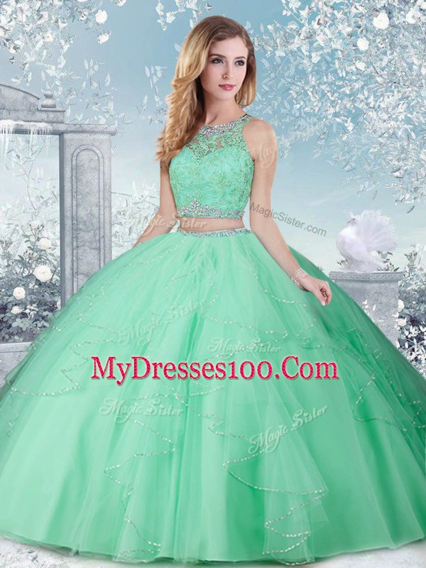 Floor Length Apple Green Ball Gown Prom Dress High-neck Sleeveless Clasp Handle