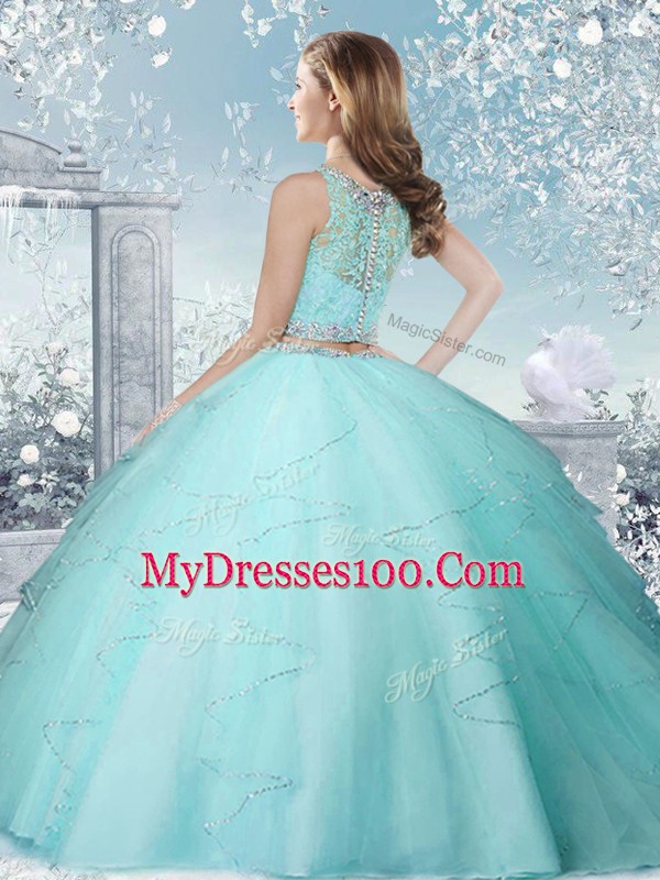 Floor Length Apple Green Ball Gown Prom Dress High-neck Sleeveless Clasp Handle