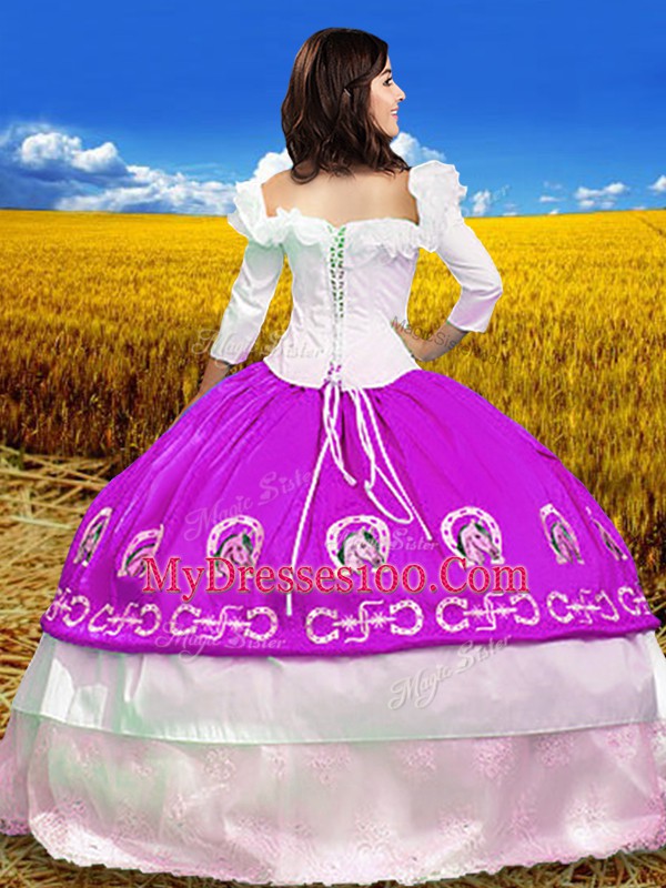 Fashion 3 4 Length Sleeve Lace Up Floor Length Embroidery Ball Gown Prom Dress
