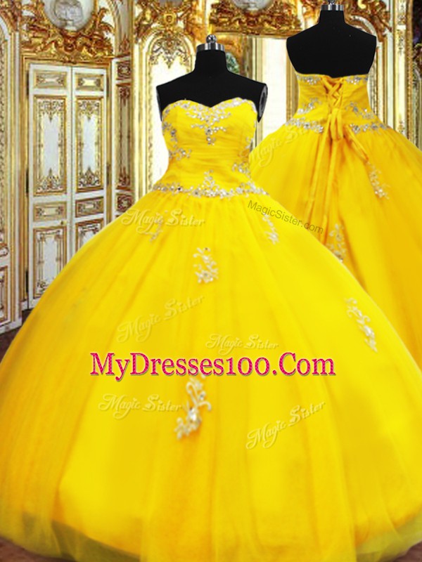 Artistic Sweetheart Sleeveless Quinceanera Dress Floor Length Beading and Appliques Gold Organza