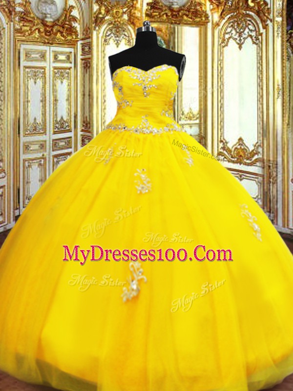 Artistic Sweetheart Sleeveless Quinceanera Dress Floor Length Beading and Appliques Gold Organza
