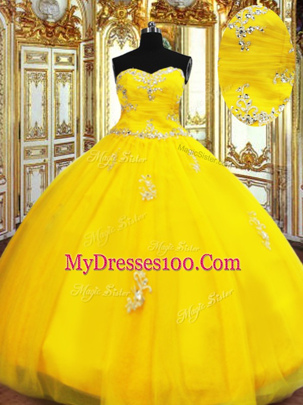 Artistic Sweetheart Sleeveless Quinceanera Dress Floor Length Beading and Appliques Gold Organza