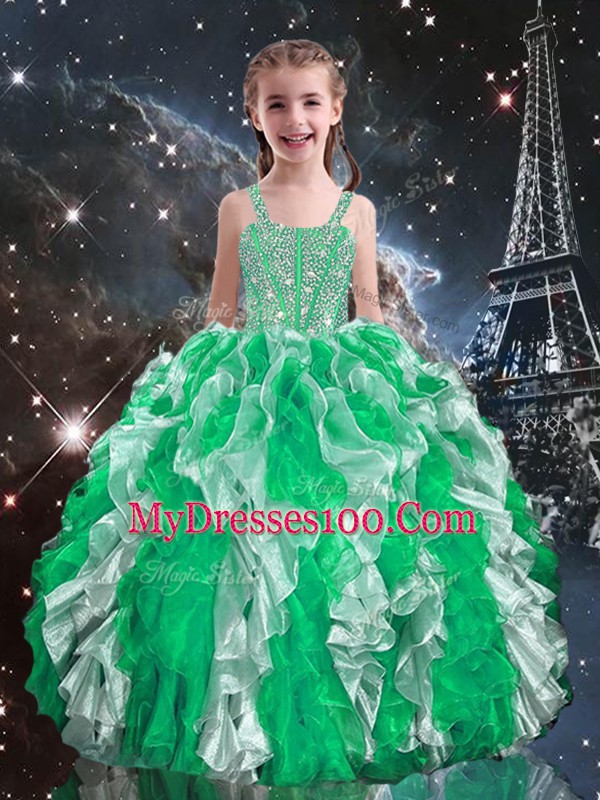 Floor Length Lace Up Little Girl Pageant Gowns Green for Quinceanera and Wedding Party with Beading and Ruffles