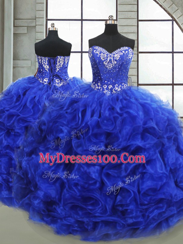 Royal Blue Organza Lace Up Quinceanera Gown Sleeveless Floor Length Beading and Ruffles