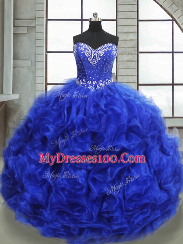 Royal Blue Organza Lace Up Quinceanera Gown Sleeveless Floor Length Beading and Ruffles