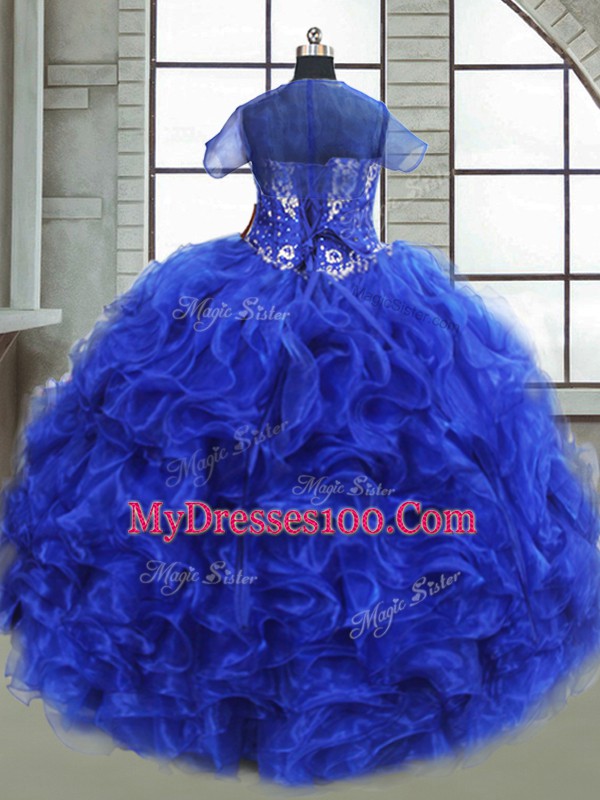 Royal Blue Organza Lace Up Quinceanera Gown Sleeveless Floor Length Beading and Ruffles