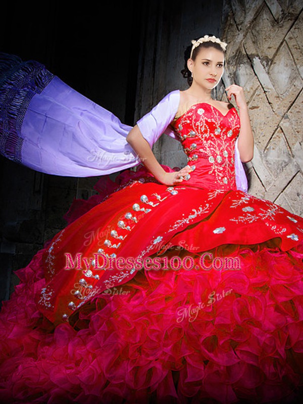 Wonderful Sleeveless Organza Brush Train Lace Up Sweet 16 Quinceanera Dress in Red with Embroidery and Ruffles
