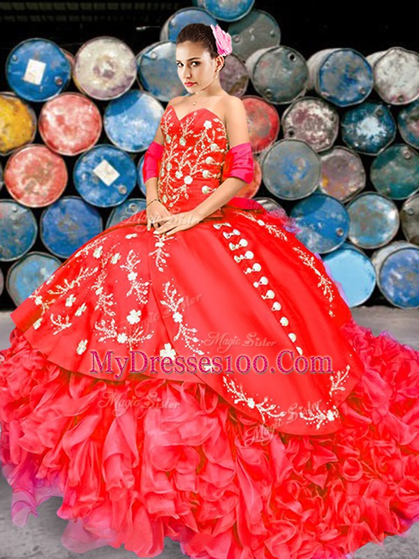 Wonderful Sleeveless Organza Brush Train Lace Up Sweet 16 Quinceanera Dress in Red with Embroidery and Ruffles
