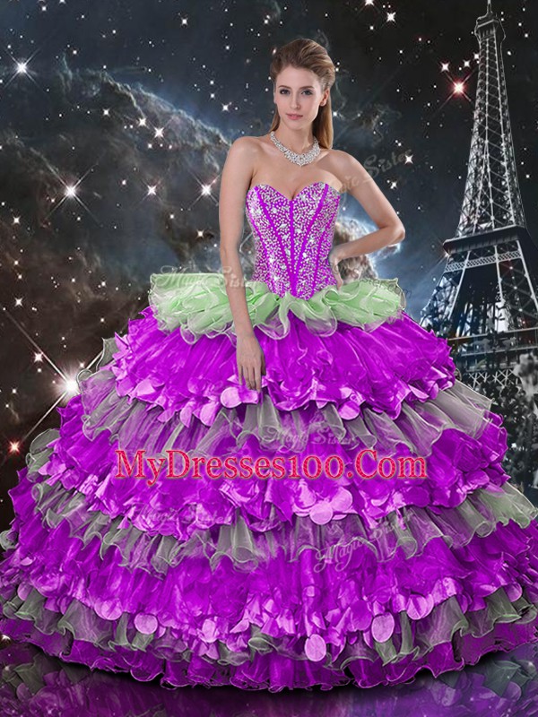 Super Floor Length Multi-color Quinceanera Gown Organza Sleeveless Beading and Ruffles