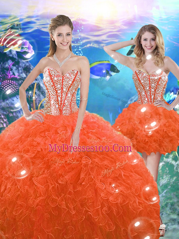 Dramatic Orange Red 15th Birthday Dress Military Ball and Sweet 16 and Quinceanera with Beading and Ruffles Sweetheart Sleeveless Lace Up