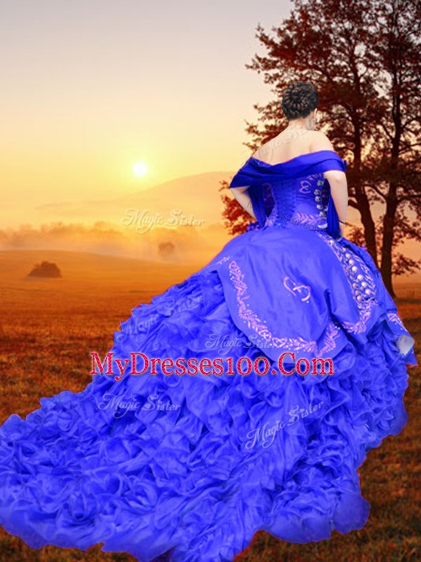 Fabulous Royal Blue Sleeveless Embroidery and Ruffles Lace Up 15th Birthday Dress