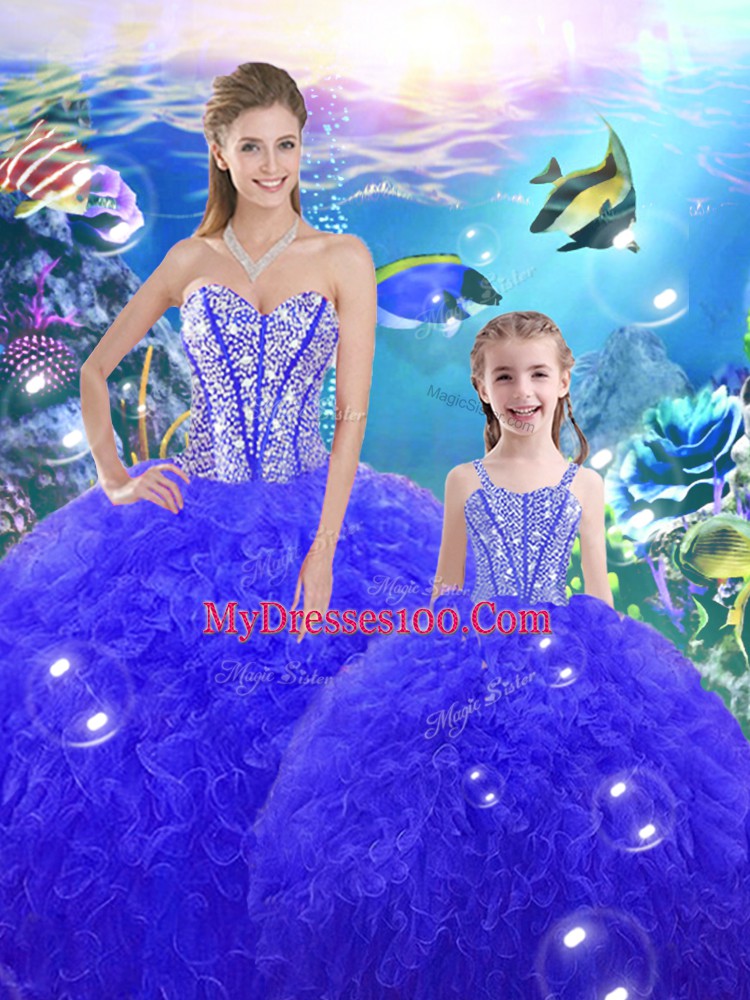 Royal Blue Organza Lace Up Sweet 16 Dress Sleeveless Floor Length Beading and Ruffles