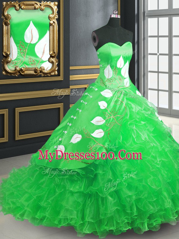 Shining Sleeveless Organza Brush Train Lace Up Vestidos de Quinceanera in Green with Embroidery and Ruffles
