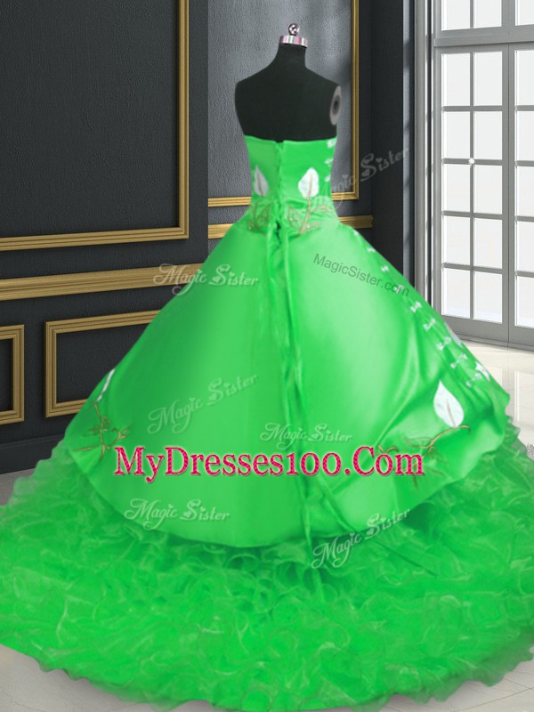Shining Sleeveless Organza Brush Train Lace Up Vestidos de Quinceanera in Green with Embroidery and Ruffles