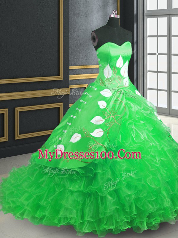 Shining Sleeveless Organza Brush Train Lace Up Vestidos de Quinceanera in Green with Embroidery and Ruffles