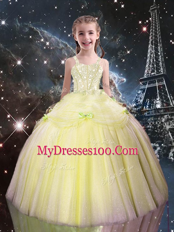 Custom Made Light Yellow Ball Gowns Beading Little Girl Pageant Dress Lace Up Tulle Sleeveless Floor Length